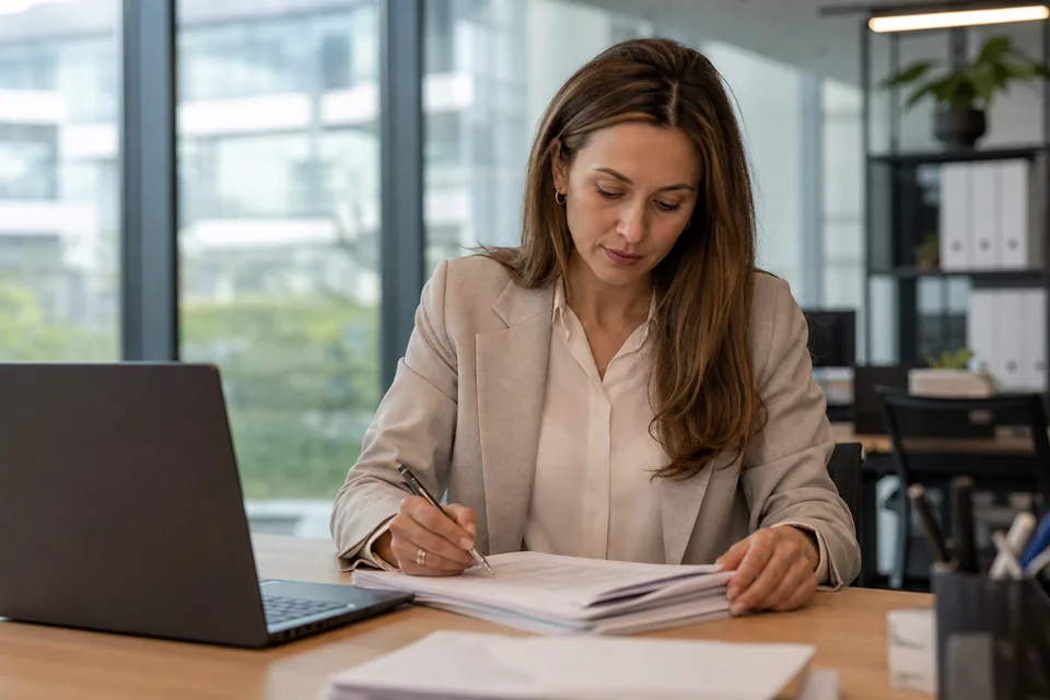 Kierowniczka finansów zaznacza klauzulę w umowie z dostawcą przy laptopie